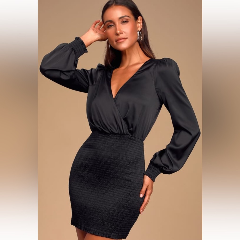 Lulus Jaw-Dropping Beauty Black Satin Smocked Bodycon Mini Dress